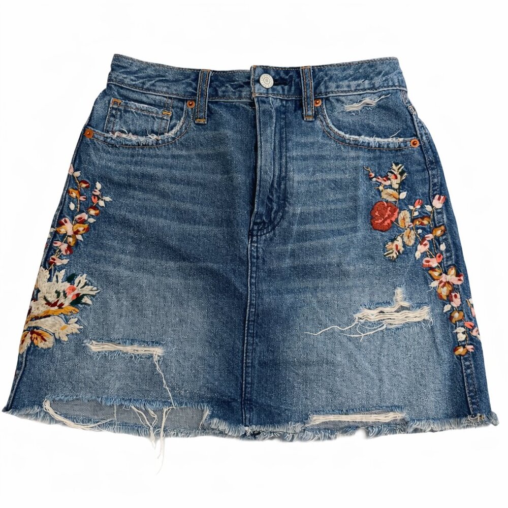 Abercrombie & Fitch Floral Embroidered Denim Mini Skirt Distressed Size 26 Boho